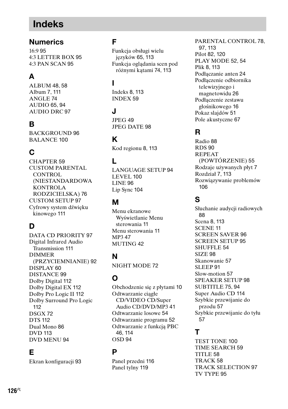 Indeks, Numerics | Sony DAV-LF1 User Manual | Page 484 / 488