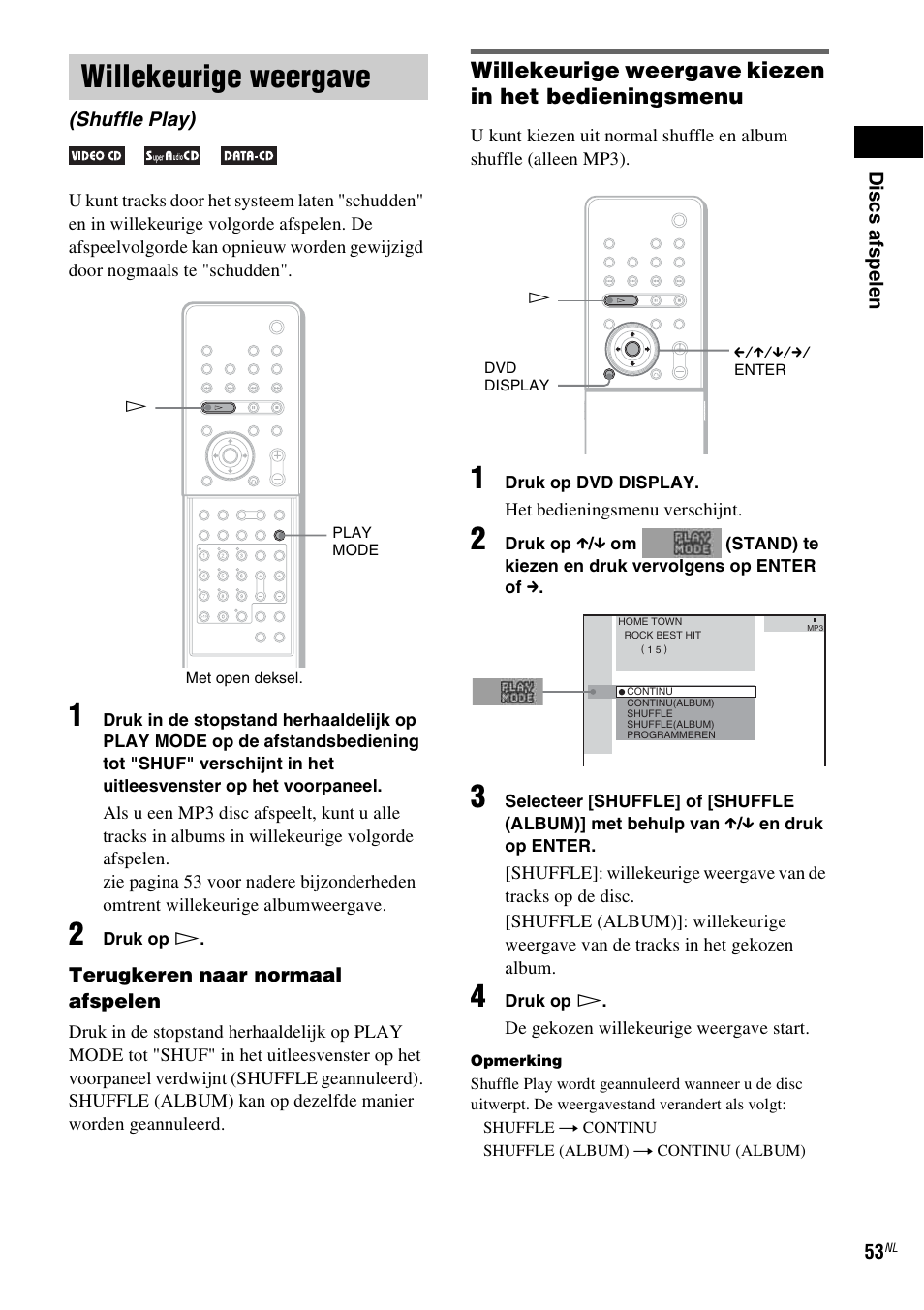 Willekeurige weergave, Shuffle play), Willekeurige weergave kiezen in het bedieningsmenu | Sony DAV-LF1 User Manual | Page 53 / 488