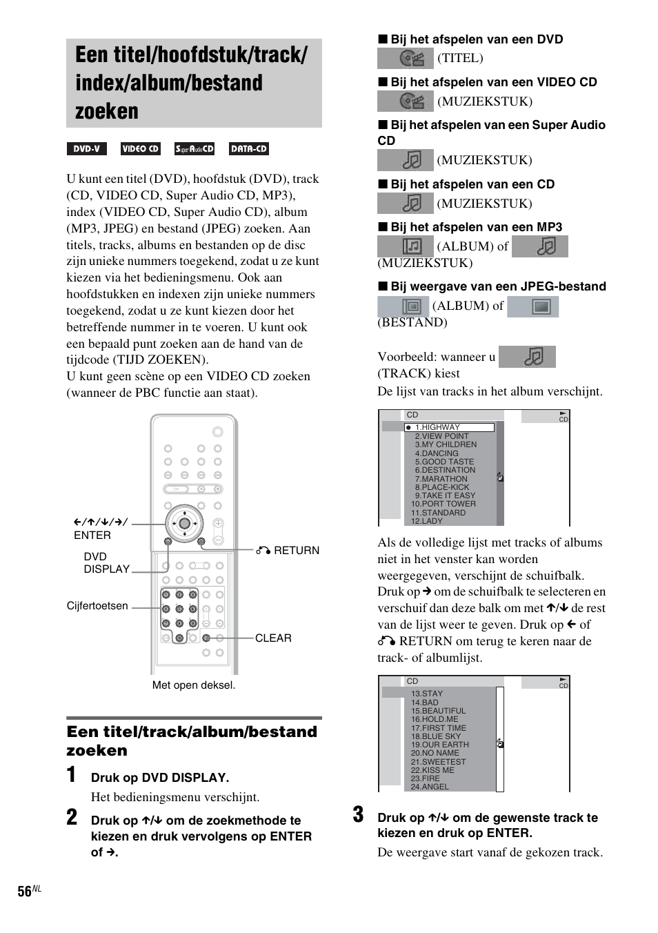 Een titel/hoofdstuk/track/index/album, Bestand zoeken, Een titel/track/album/bestand zoeken | Sony DAV-LF1 User Manual | Page 56 / 488