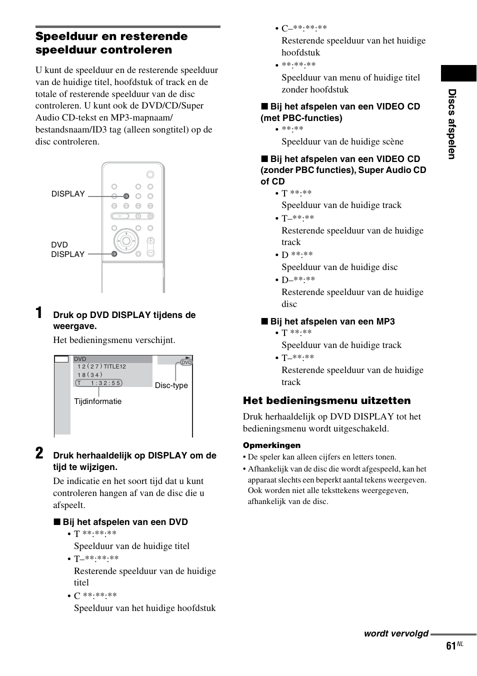 Speelduur en resterende speelduur controleren | Sony DAV-LF1 User Manual | Page 61 / 488