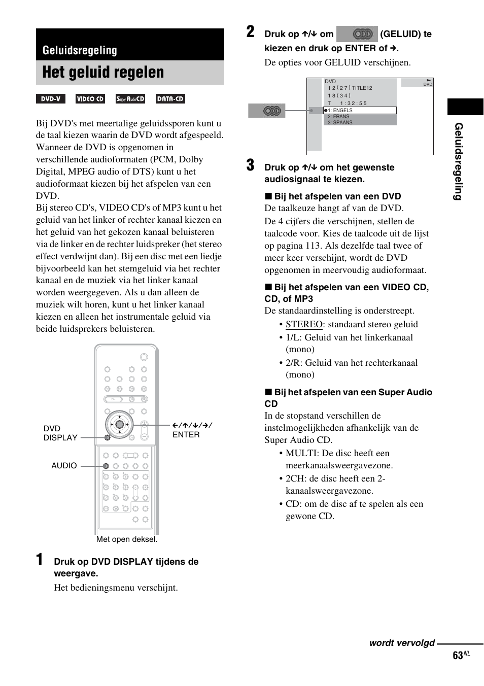 Geluidsregeling, Het geluid regelen | Sony DAV-LF1 User Manual | Page 63 / 488