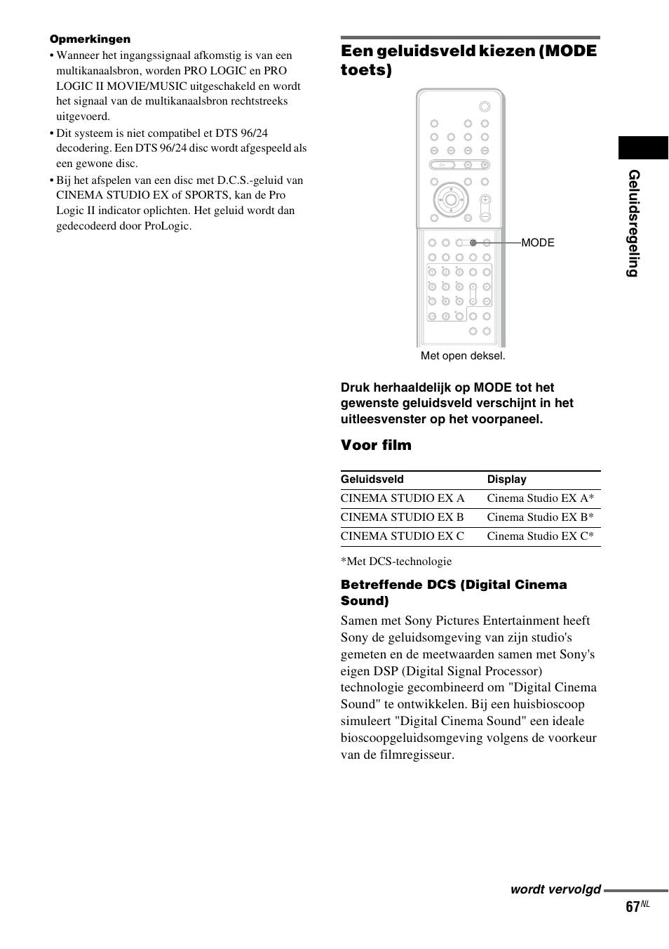 Een geluidsveld kiezen (mode toets) | Sony DAV-LF1 User Manual | Page 67 / 488