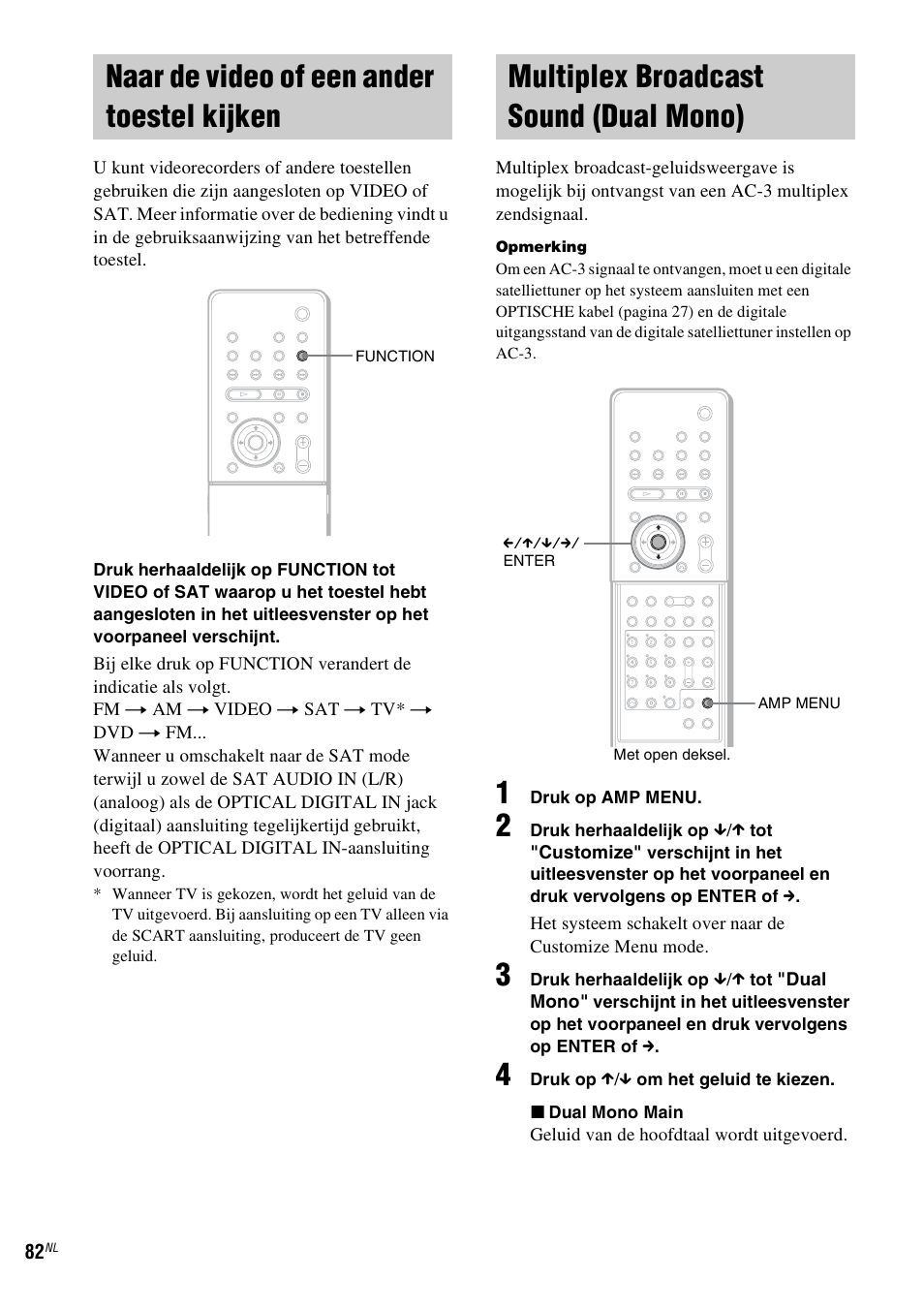 Naar de video of een ander toestel kijken, Multiplex broadcast sound (dual mono), Naar de video of een ander toestel | Kijken, Multiplex broadcast sound, Dual mono) | Sony DAV-LF1 User Manual | Page 82 / 488