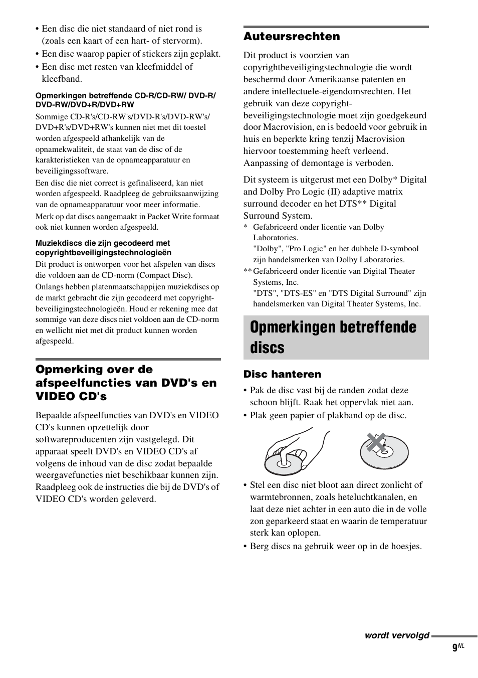 Opmerkingen betreffende discs, Auteursrechten | Sony DAV-LF1 User Manual | Page 9 / 488