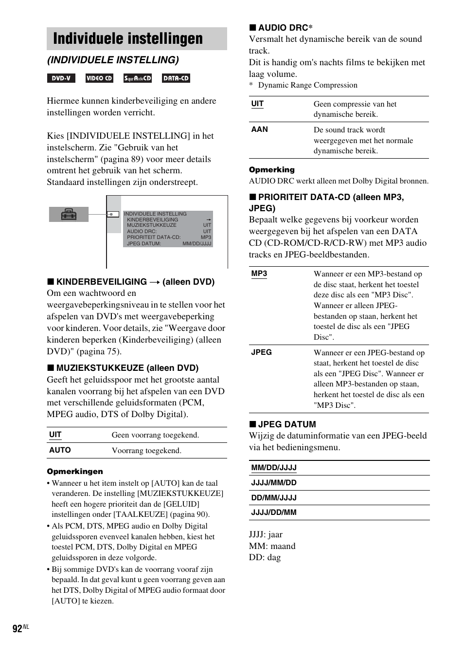 Individuele instellingen, Individuele instelling) | Sony DAV-LF1 User Manual | Page 92 / 488
