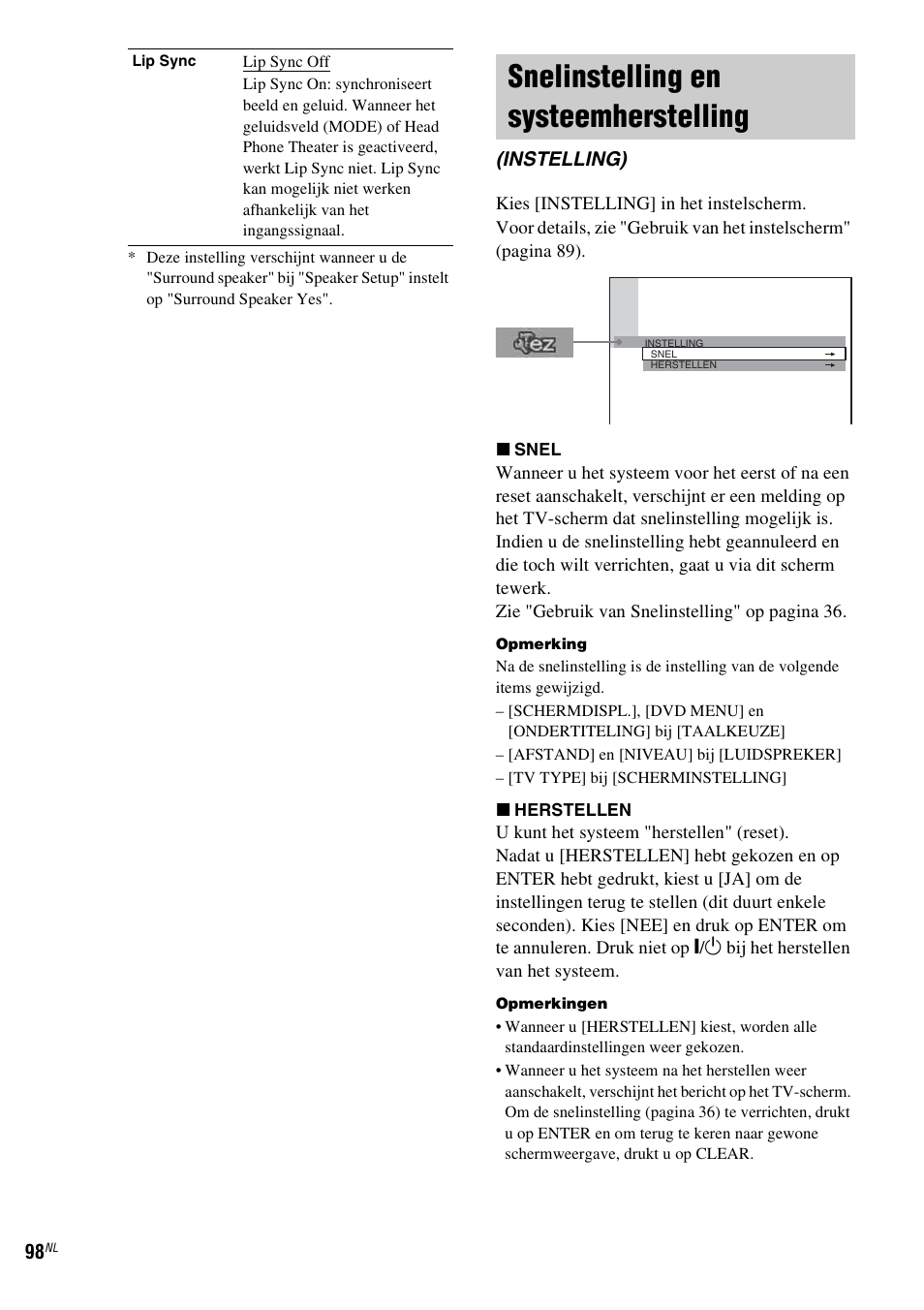 Snelinstelling en systeemherstelling, Instelling) | Sony DAV-LF1 User Manual | Page 98 / 488