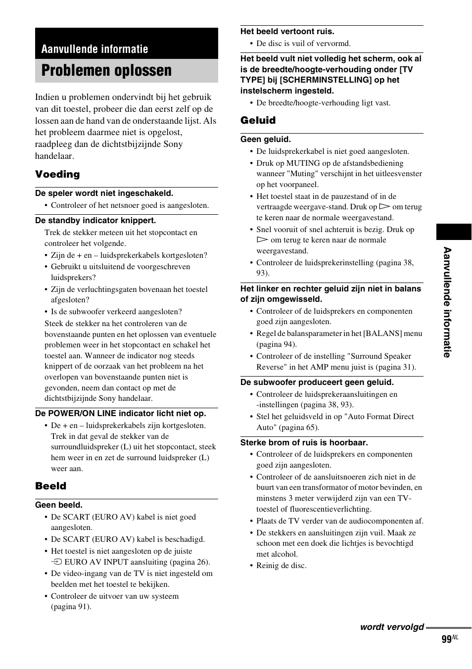 Aanvullende informatie, Problemen oplossen | Sony DAV-LF1 User Manual | Page 99 / 488