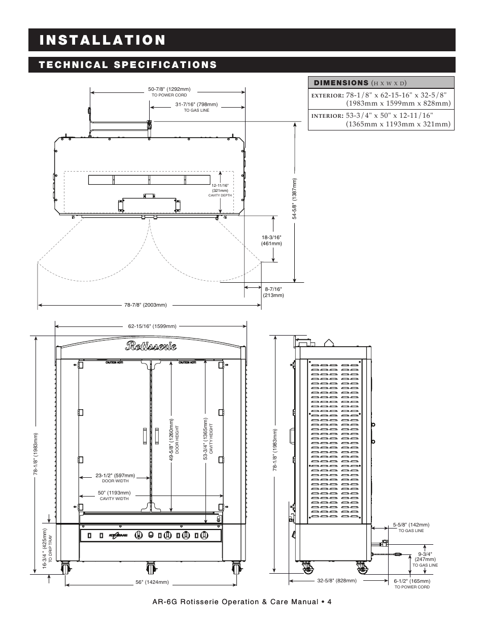 Ar-6g rotisserie operation & care manual • 4, Dimensions | Alto-Shaam AR-6G User Manual | Page 6 / 34