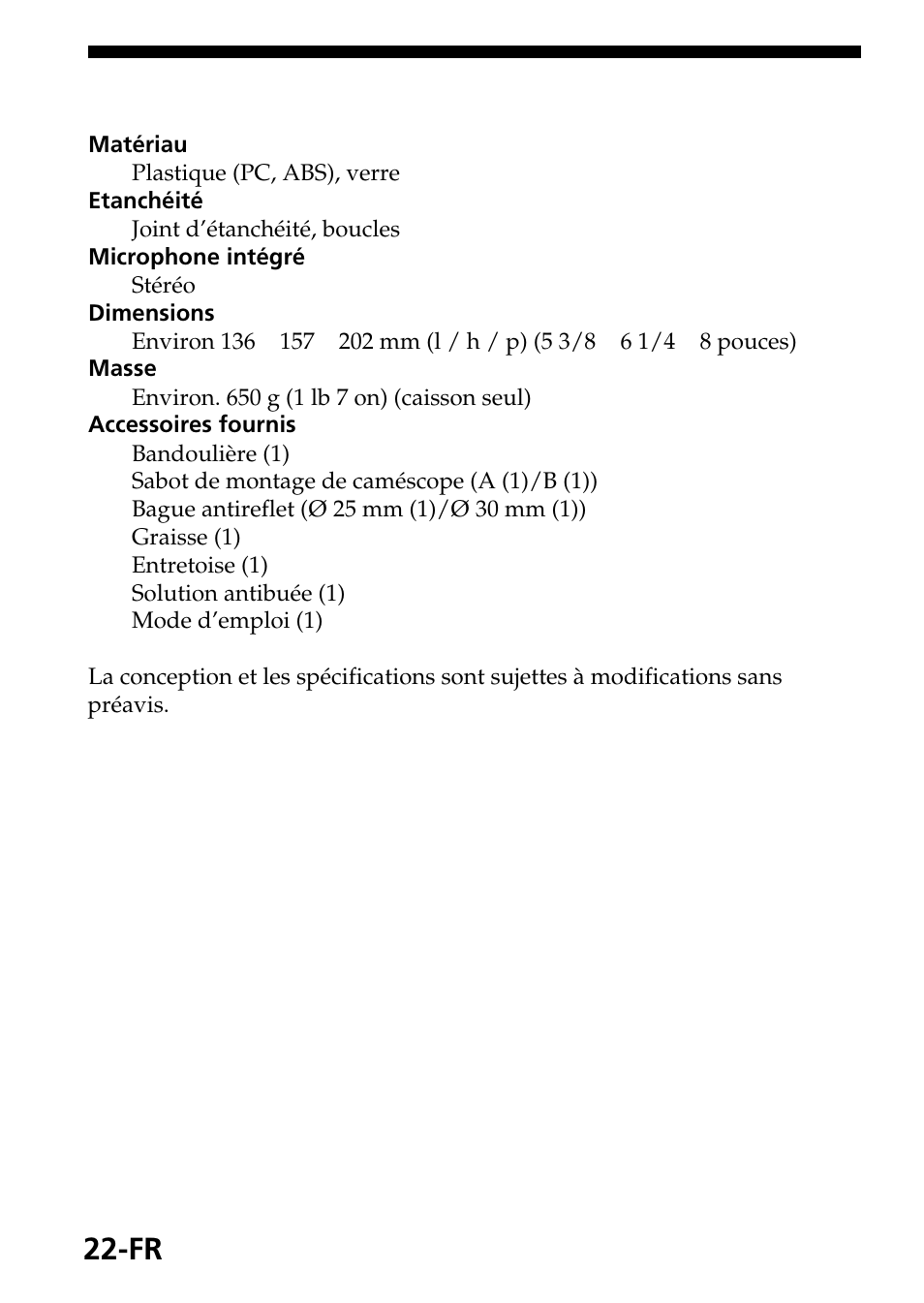 Spécifications | Sony SPK-HC User Manual | Page 44 / 292