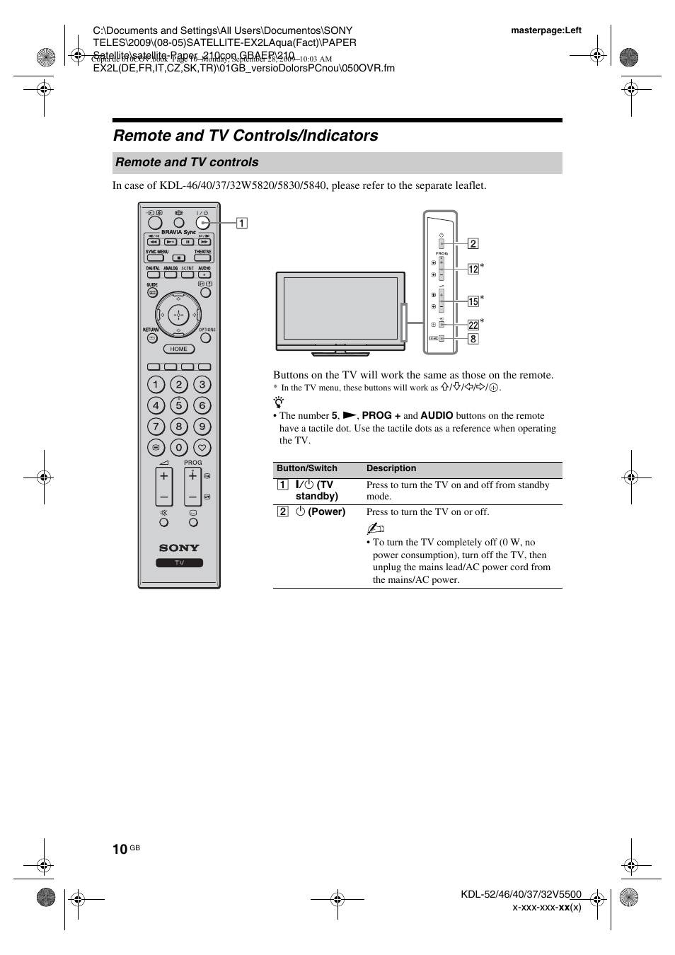 Remote and tv controls/indicators, Remote and tv controls | Sony KDL-37W5810 User Manual | Page 10 / 186