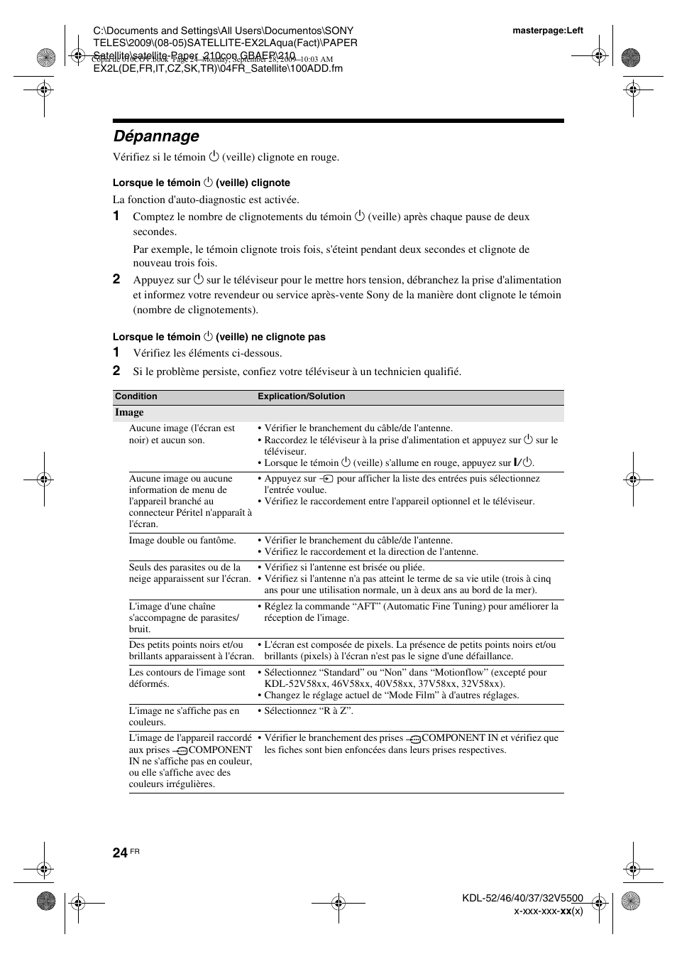 Dépannage, 1 vérifiez les éléments ci-dessous | Sony KDL-37W5810 User Manual | Page 102 / 186