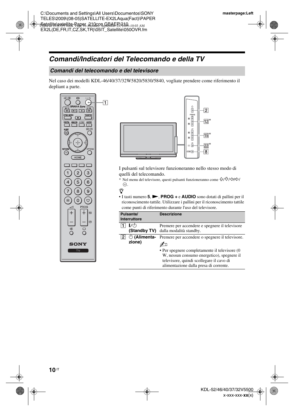 Comandi/indicatori del telecomando e della tv, Comandi del telecomando e del televisore | Sony KDL-37W5810 User Manual | Page 114 / 186