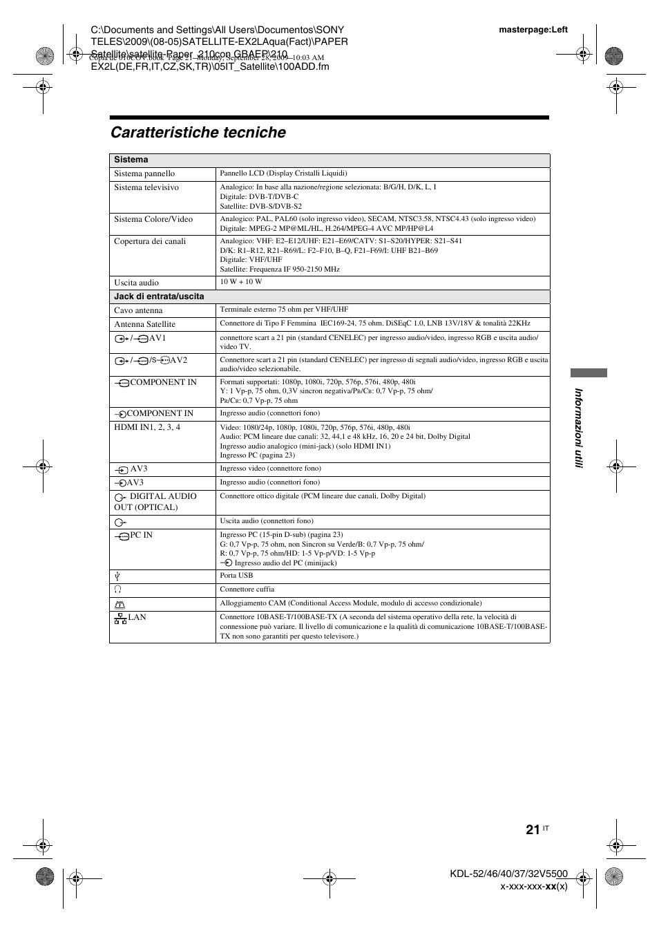 Caratteristiche tecniche | Sony KDL-37W5810 User Manual | Page 125 / 186