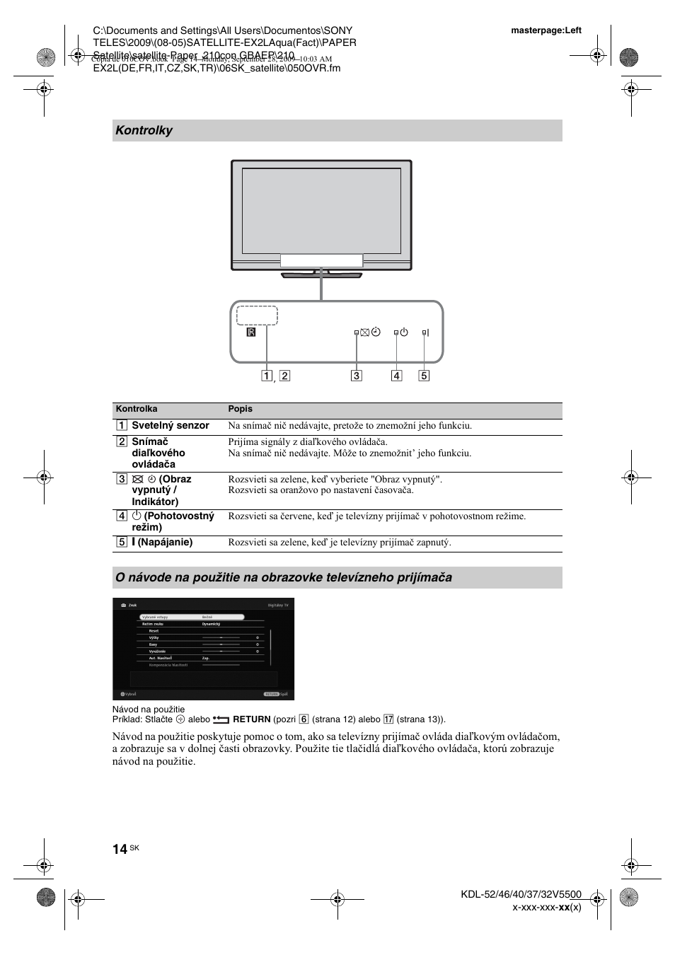 Kontrolky | Sony KDL-37W5810 User Manual | Page 146 / 186