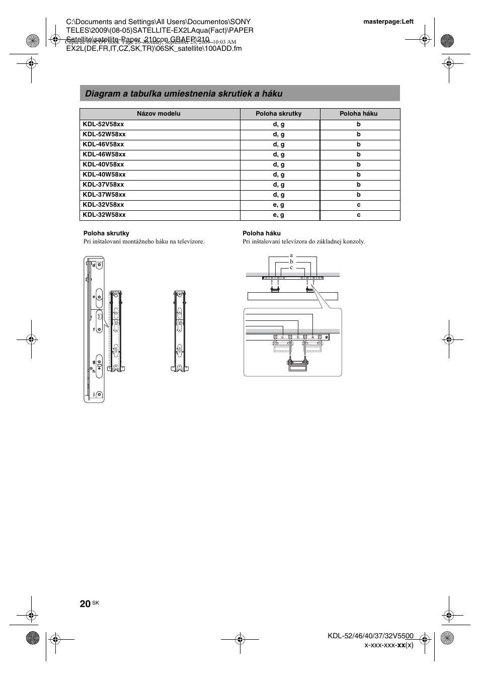 Diagram a tabu½ka umiestnenia skrutiek a háku, Diagram a tabuľka umiestnenia skrutiek a háku | Sony KDL-37W5810 User Manual | Page 152 / 186