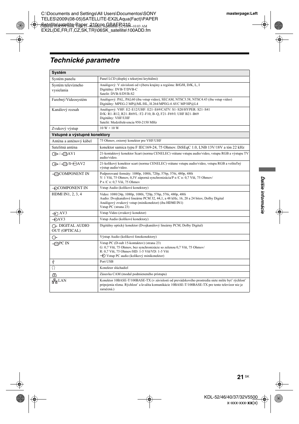 Technické parametre | Sony KDL-37W5810 User Manual | Page 153 / 186