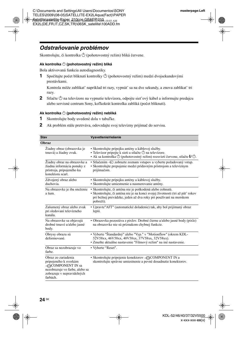 Odstraòovanie problémov, 1 skontrolujte body uvedené dolu v tabu½ke, Odstraňovanie problémov | Sony KDL-37W5810 User Manual | Page 156 / 186