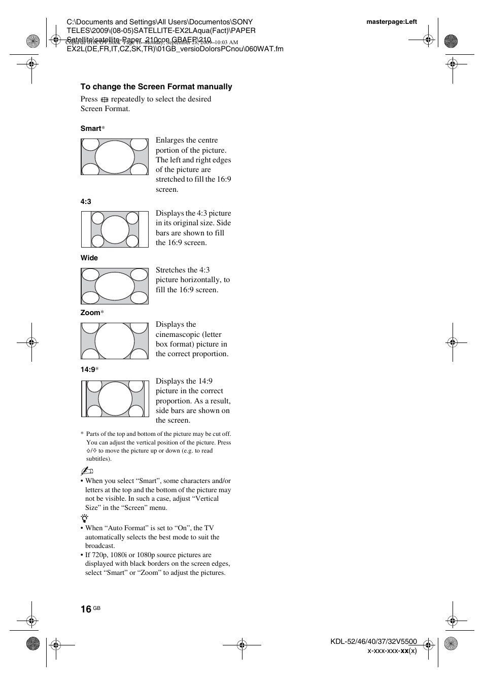 To change the screen format manually | Sony KDL-37W5810 User Manual | Page 16 / 186