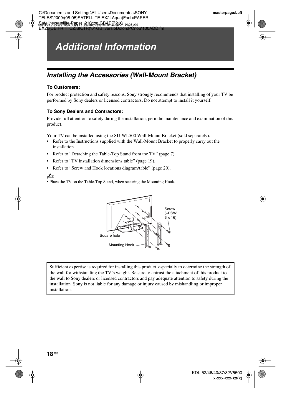 Additional information, Installing the accessories (wall-mount bracket), To customers | To sony dealers and contractors | Sony KDL-37W5810 User Manual | Page 18 / 186