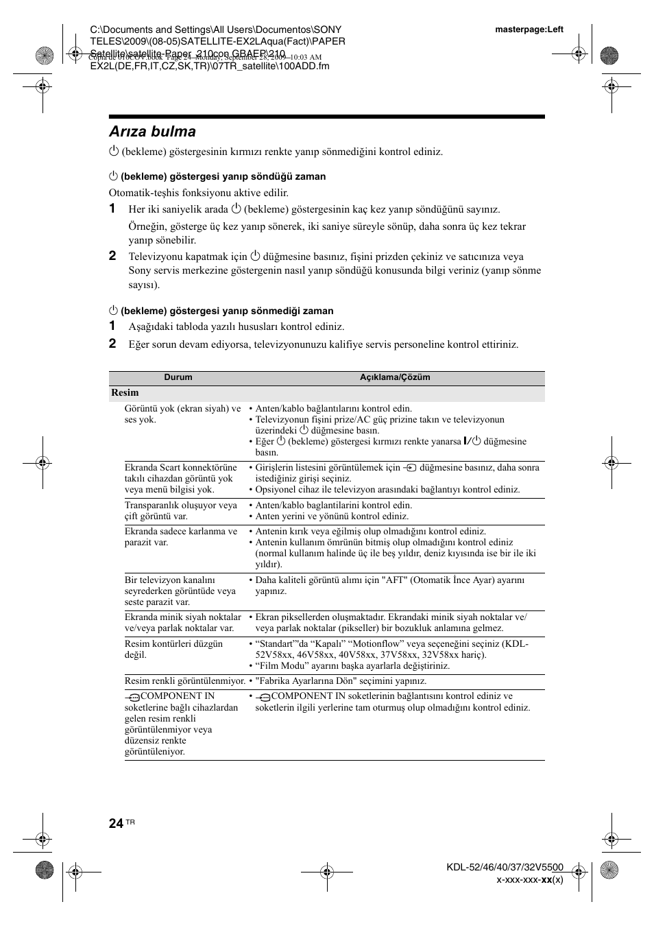 Aræza bulma, Arıza bulma | Sony KDL-37W5810 User Manual | Page 182 / 186
