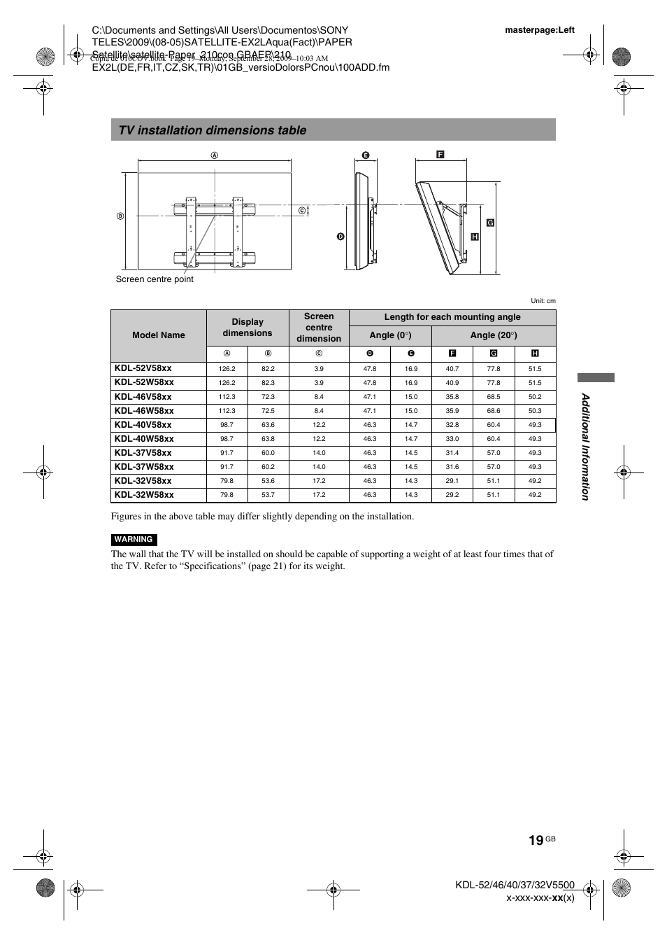 Tv installation dimensions table | Sony KDL-37W5810 User Manual | Page 19 / 186