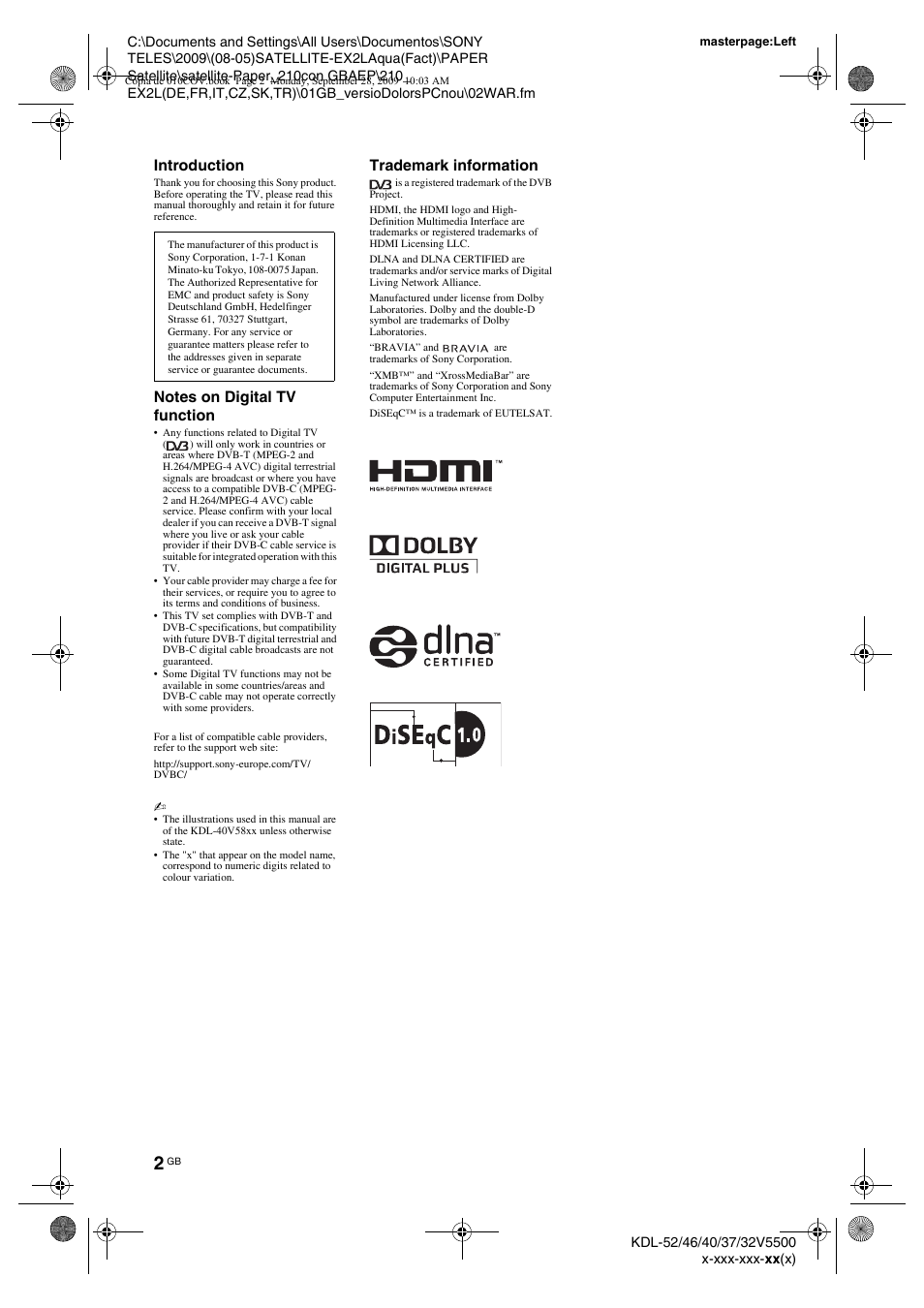 Introduction, Trademark information | Sony KDL-37W5810 User Manual | Page 2 / 186