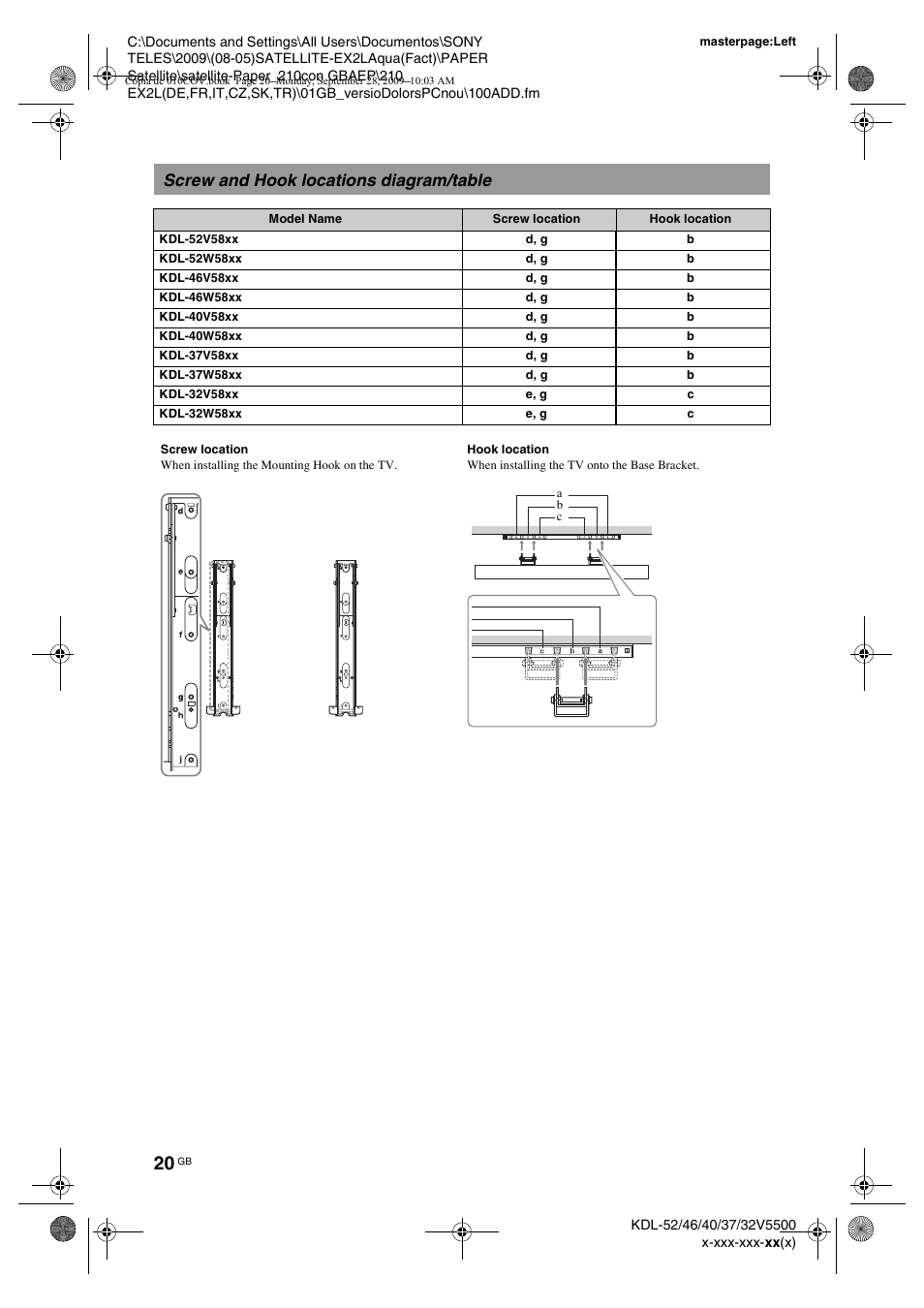 Screw and hook locations diagram/table | Sony KDL-37W5810 User Manual | Page 20 / 186