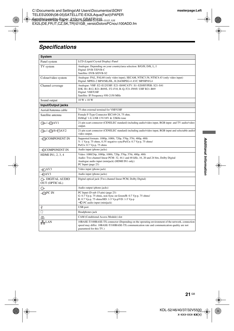 Specifications | Sony KDL-37W5810 User Manual | Page 21 / 186