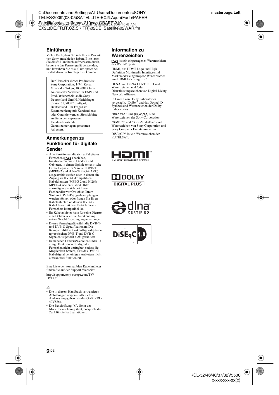 Einführung, Anmerkungen zu funktionen für digitale sender, Information zu warenzeichen | Sony KDL-37W5810 User Manual | Page 28 / 186