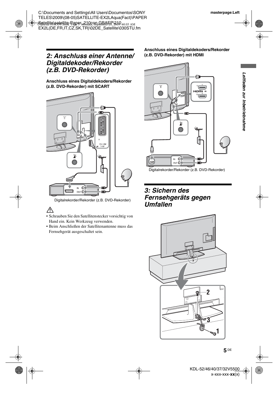 Sichern des fernsehgeräts gegen umfallen | Sony KDL-37W5810 User Manual | Page 31 / 186