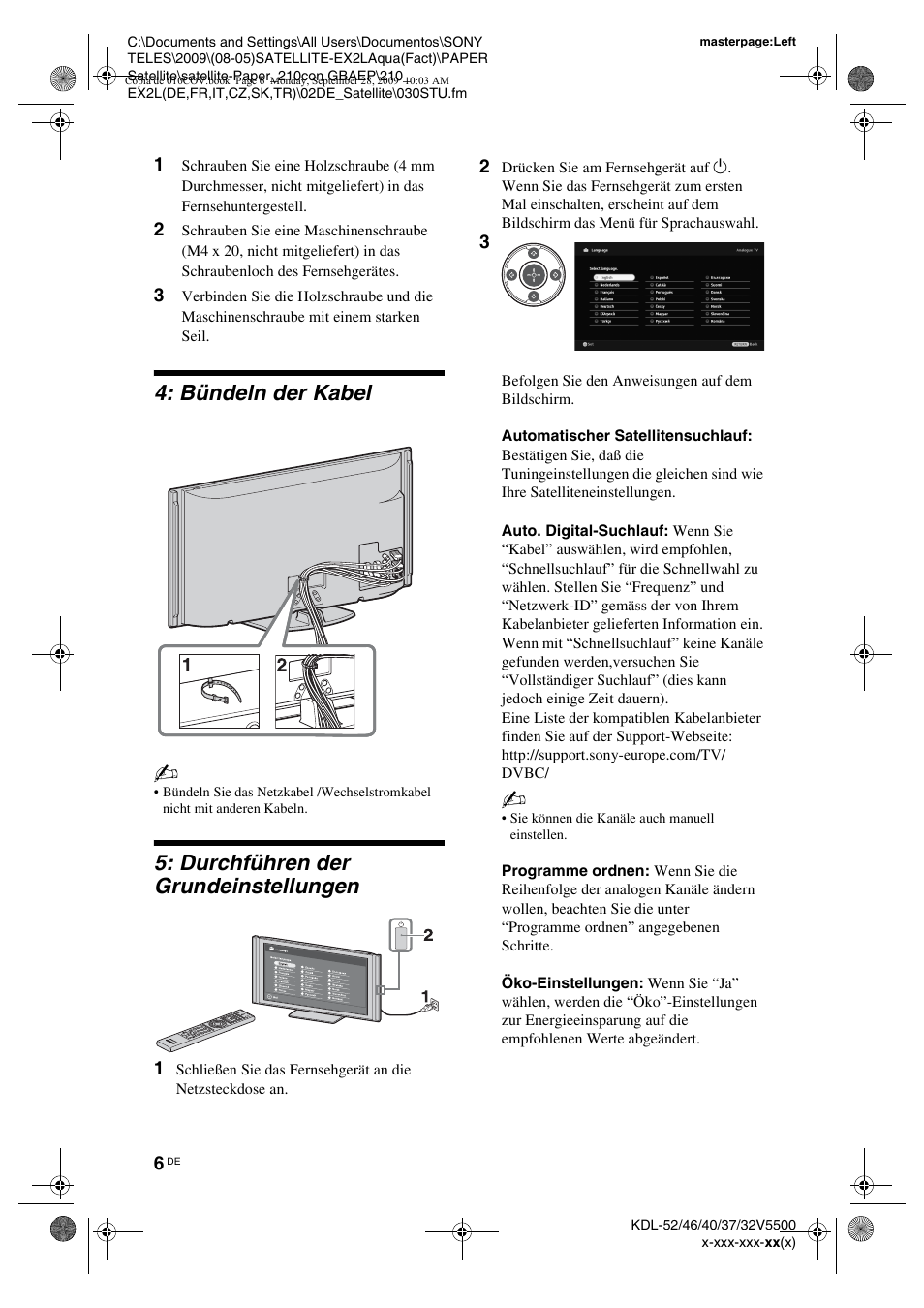Bündeln der kabel, Durchführen der grundeinstellungen | Sony KDL-37W5810 User Manual | Page 32 / 186