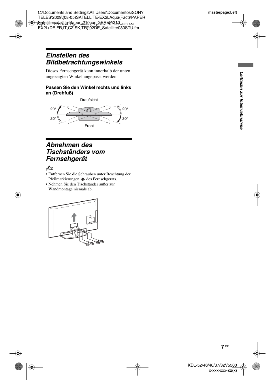 Einstellen des bildbetrachtungswinkels, Abnehmen des tischständers vom fernsehgerät | Sony KDL-37W5810 User Manual | Page 33 / 186