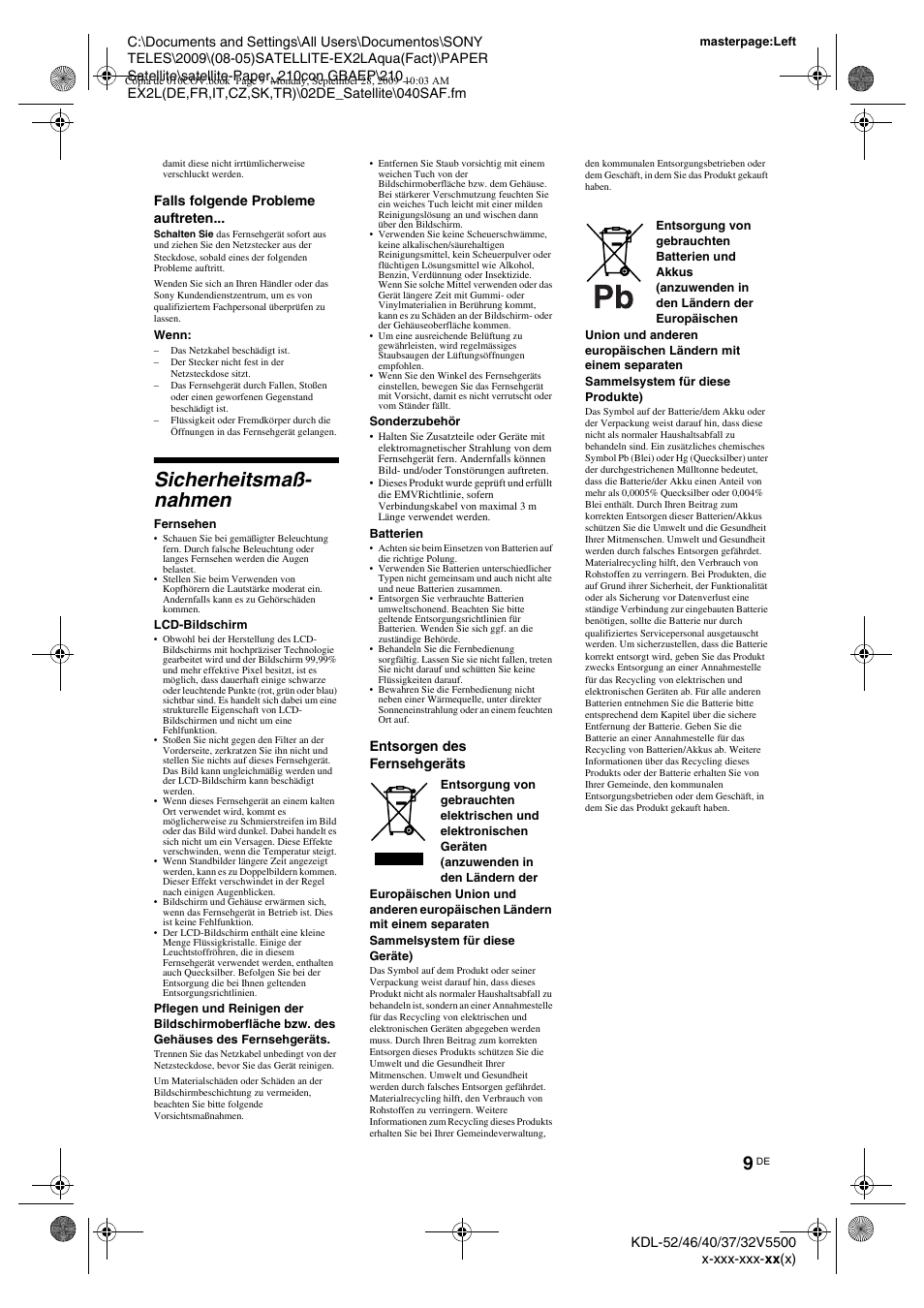 Sicherheitsmaß- nahmen, Sicherheitsmaß-nahmen | Sony KDL-37W5810 User Manual | Page 35 / 186
