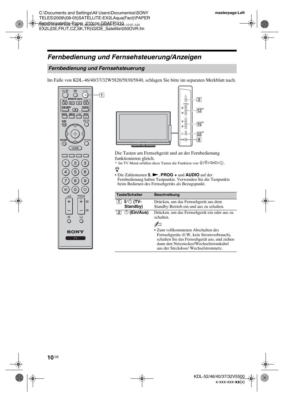 Fernbedienung und fernsehsteuerung/anzeigen, Fernbedienung und fernsehsteuerung | Sony KDL-37W5810 User Manual | Page 36 / 186