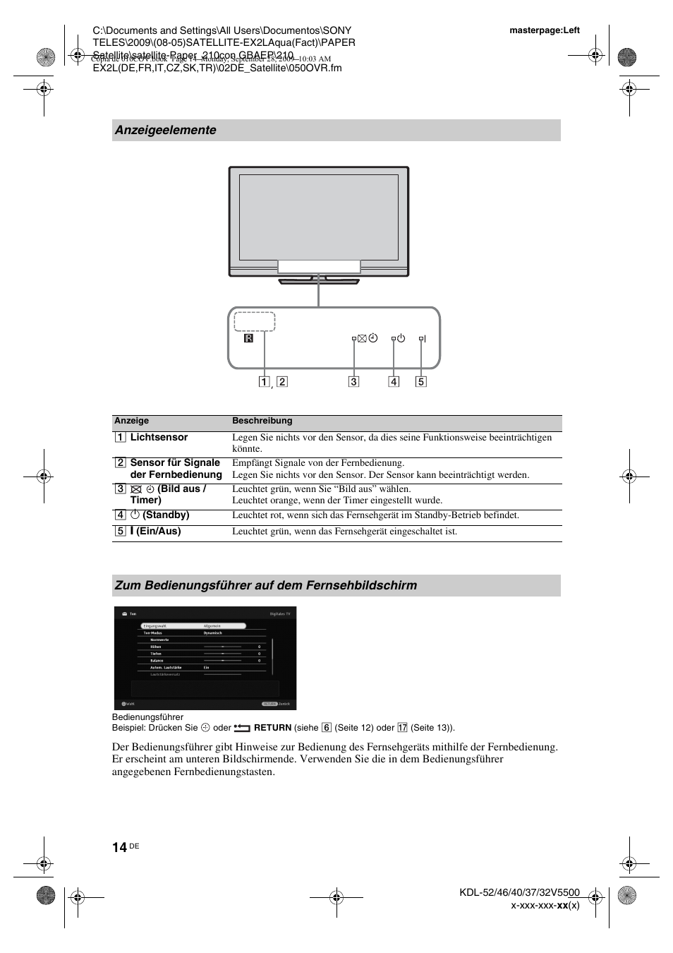 Anzeigeelemente, Zum bedienungsführer auf dem fernsehbildschirm | Sony KDL-37W5810 User Manual | Page 40 / 186