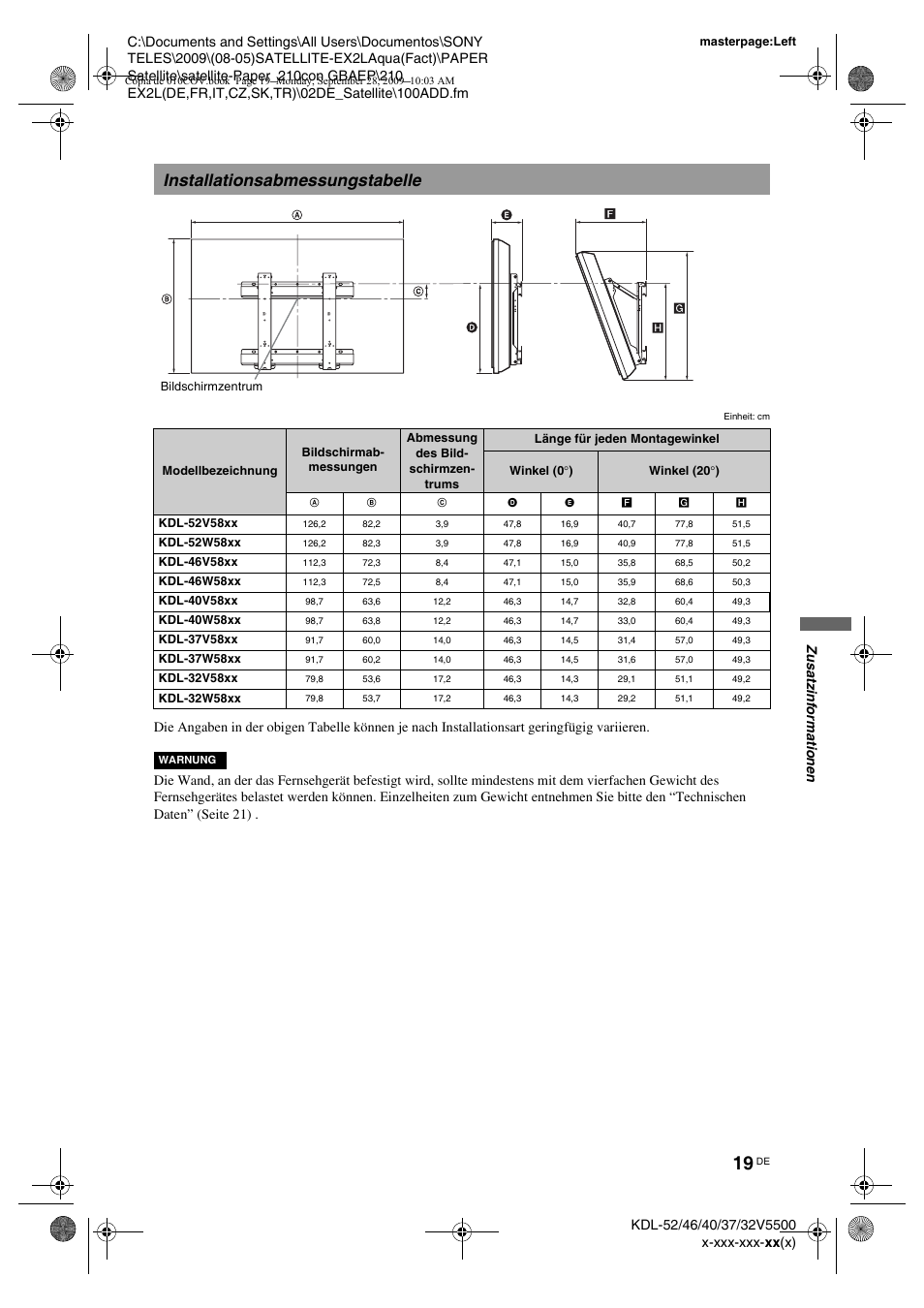 Installationsabmessungstabelle | Sony KDL-37W5810 User Manual | Page 45 / 186
