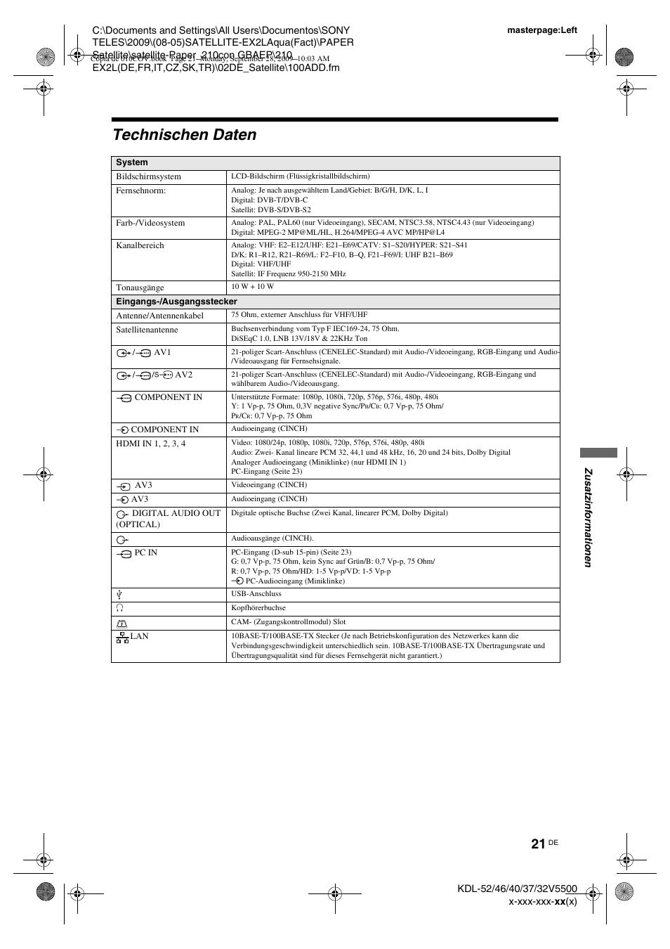 Technischen daten | Sony KDL-37W5810 User Manual | Page 47 / 186