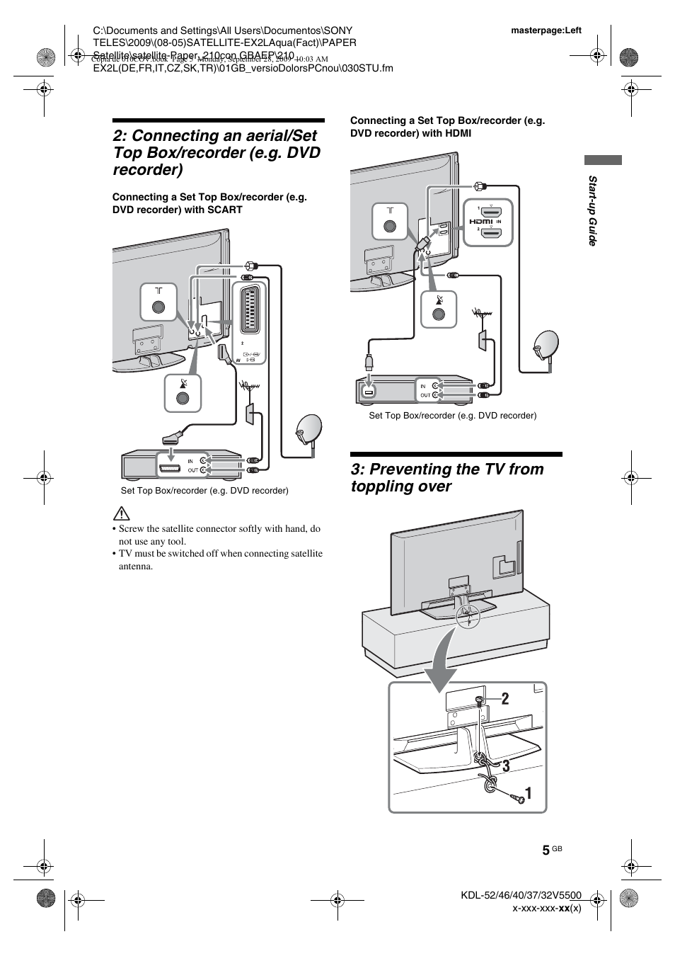 Preventing the tv from toppling over | Sony KDL-37W5810 User Manual | Page 5 / 186