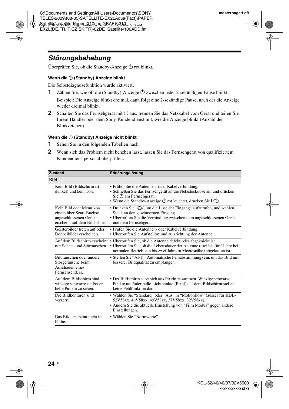 Störungsbehebung, 1 sehen sie in den folgenden tabellen nach | Sony KDL-37W5810 User Manual | Page 50 / 186