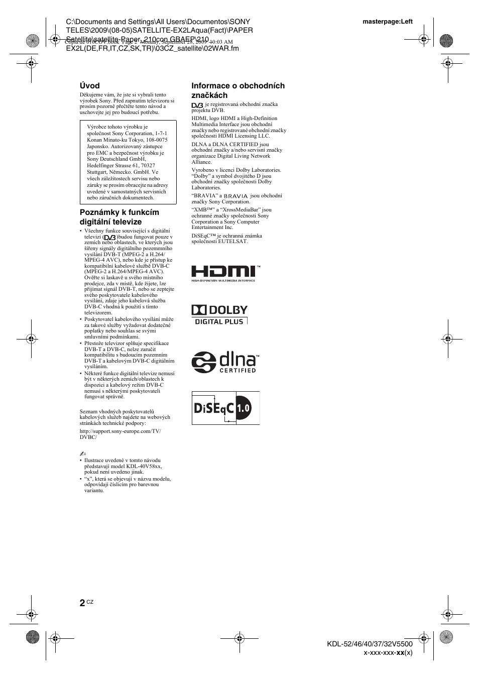 Úvod, Poznámky k funkcím digitální televize, Informace o obchodních značkách | Sony KDL-37W5810 User Manual | Page 54 / 186