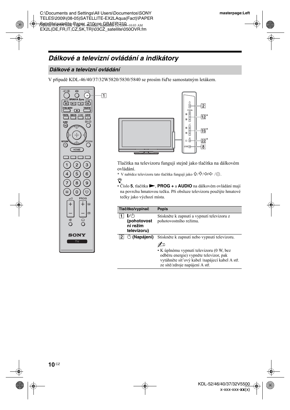Dálkové a televizní ovládání a indikátory, Dálkové a televizní ovládání | Sony KDL-37W5810 User Manual | Page 62 / 186