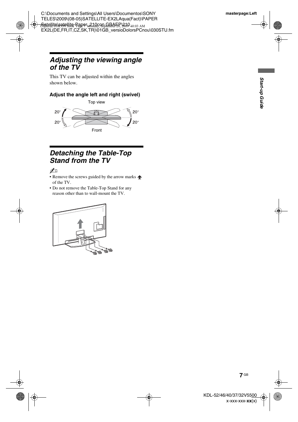 Adjusting the viewing angle of the tv, Adjust the angle left and right (swivel), Detaching the table-top stand from the tv | Sony KDL-37W5810 User Manual | Page 7 / 186