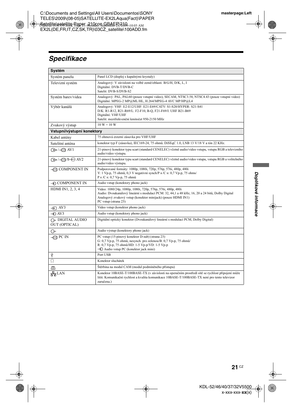 Specifikace | Sony KDL-37W5810 User Manual | Page 73 / 186