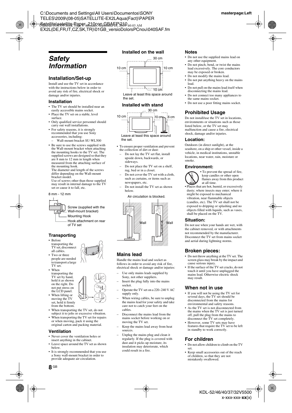 Safety information | Sony KDL-37W5810 User Manual | Page 8 / 186