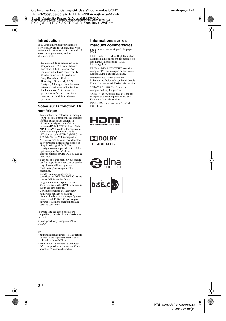 Introduction, Informations sur les marques commerciales | Sony KDL-37W5810 User Manual | Page 80 / 186