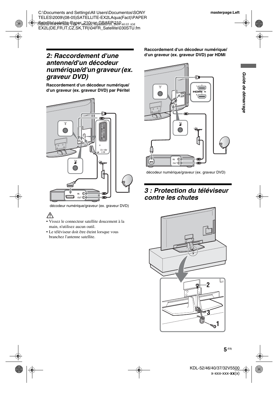 3 : protection du téléviseur contre les chutes | Sony KDL-37W5810 User Manual | Page 83 / 186