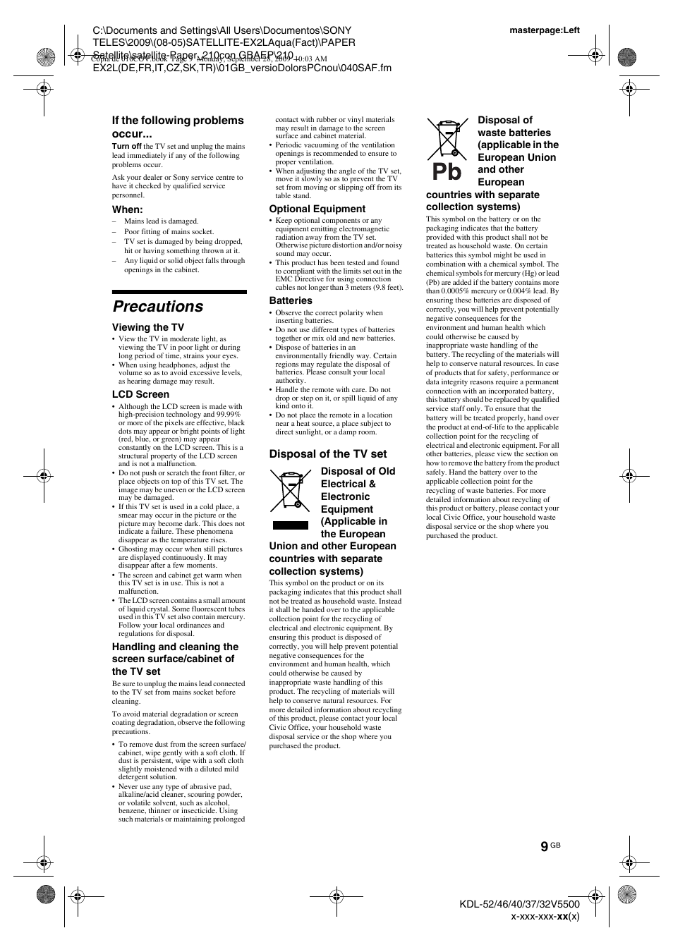 Precautions | Sony KDL-37W5810 User Manual | Page 9 / 186