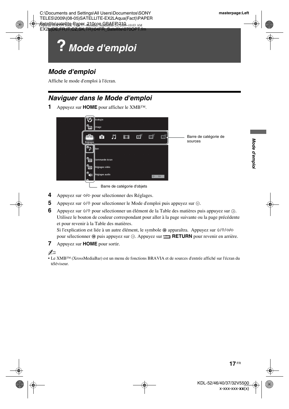 Mode d'emploi, Naviguer dans le mode d'emploi, 1 appuyez sur home pour afficher le xmb | 4 appuyez sur g/g pour sélectionner des réglages, 7 appuyez sur home pour sortir | Sony KDL-37W5810 User Manual | Page 95 / 186