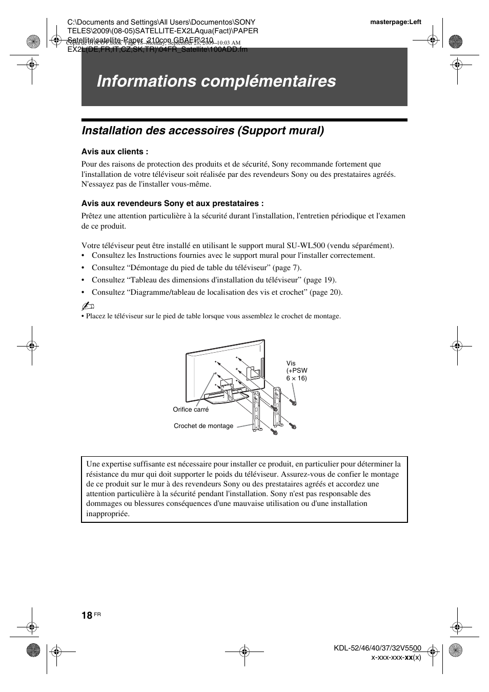 Informations complémentaires, Installation des accessoires (support mural), Avis aux clients | Avis aux revendeurs sony et aux prestataires | Sony KDL-37W5810 User Manual | Page 96 / 186