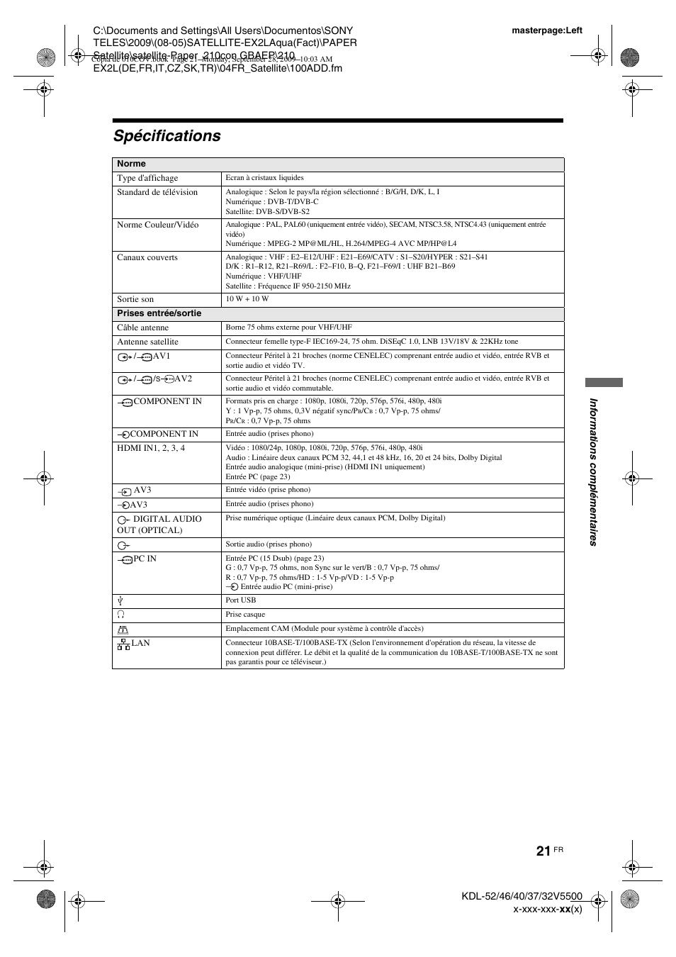 Spécifications | Sony KDL-37W5810 User Manual | Page 99 / 186